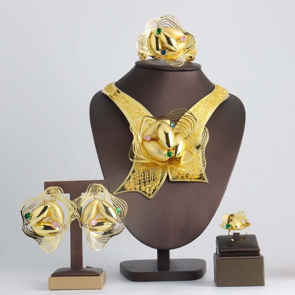Nigeria Jewelry Hollow Surround Necklace Style Dubai Gold Plated Woman Jewelry Set Copper Material Necklace Earrings Bangle Ring
