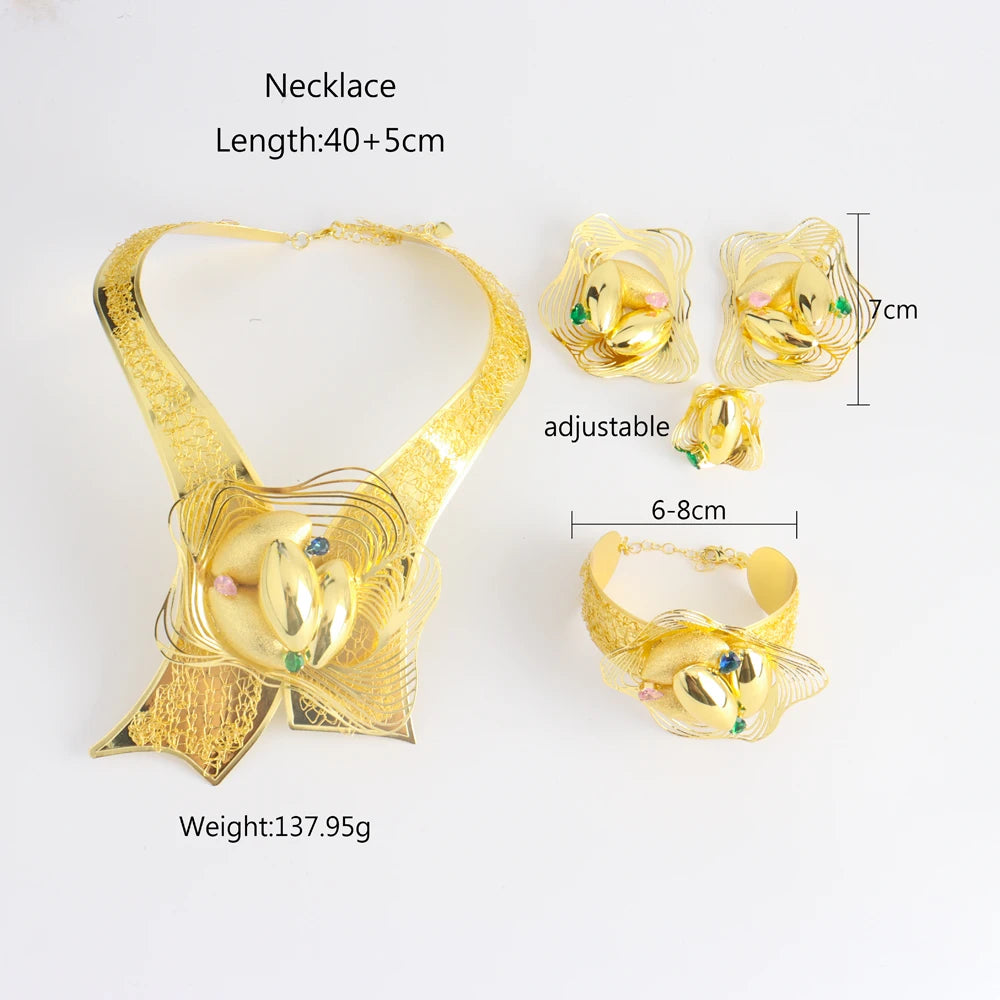 Nigeria Jewelry Hollow Surround Necklace Style Dubai Gold Plated Woman Jewelry Set Copper Material Necklace Earrings Bangle Ring