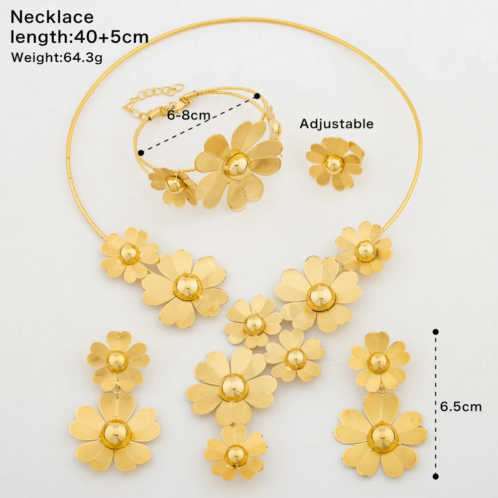 Luxury Design Gold Color Flower Jewelry Set Women High Quality Trend Dubai Collar Necklace Earrings Bangle Ring Banquet Jewelry