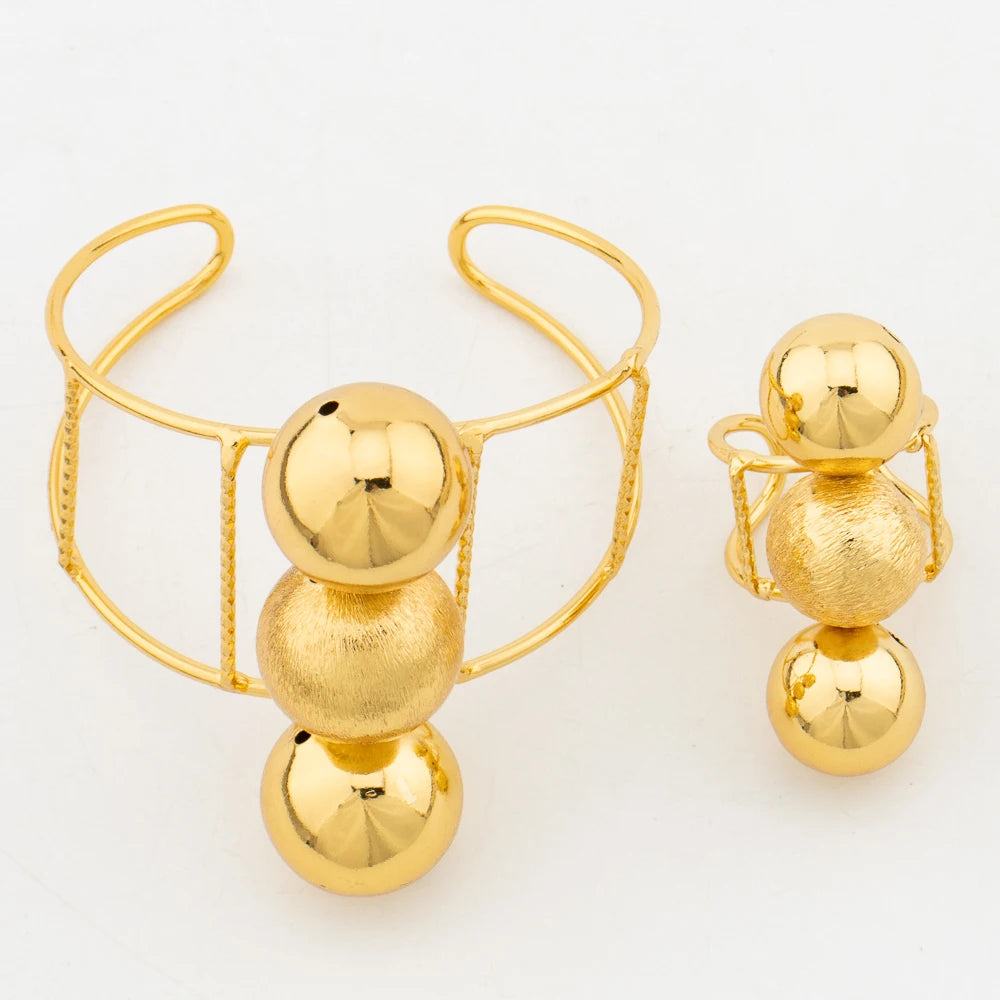2024 Trend Jewelry Set for Women Gold Color Beads Necklace and Clip Earrings with Bracelet Ring Set for African Dubai Weddings