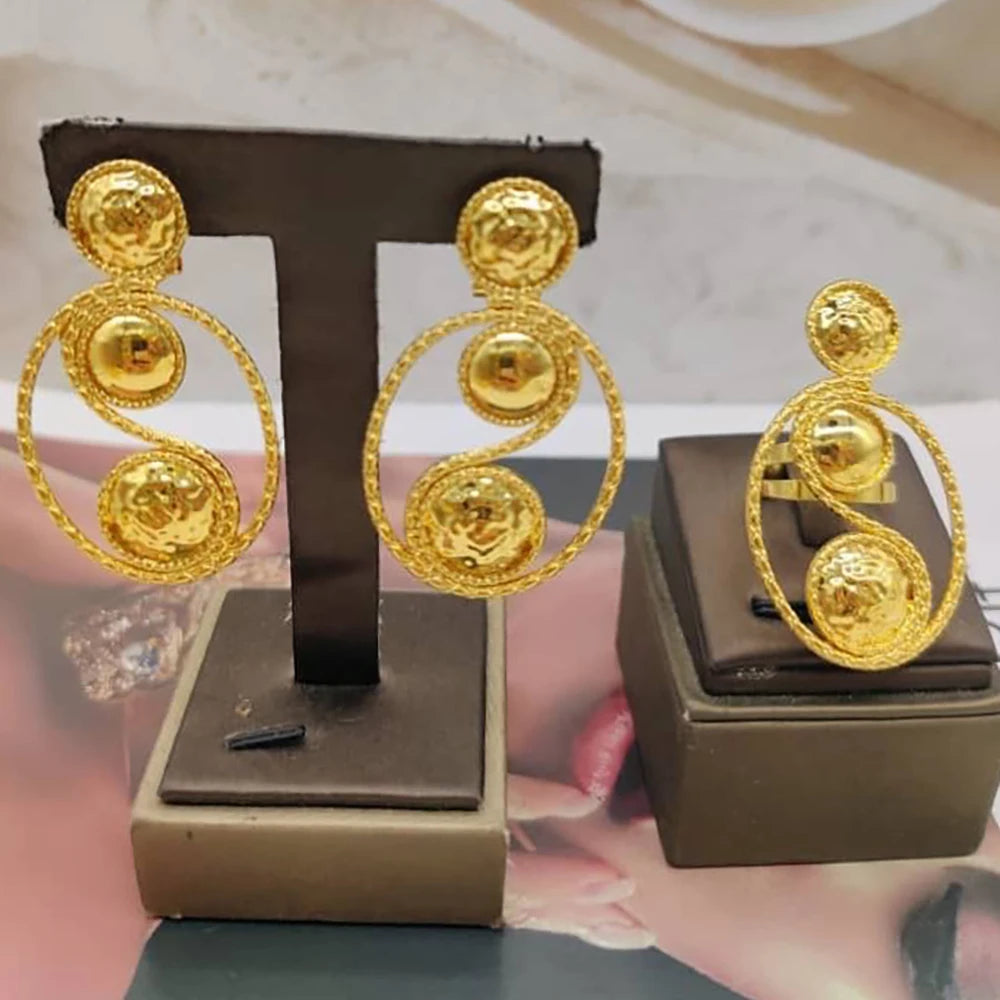 Gold Color Earrings Jewelry Set for Women African Bride 18k Gold Plated Copper Hollow Out Earrings Finger Ring Set for Weddings