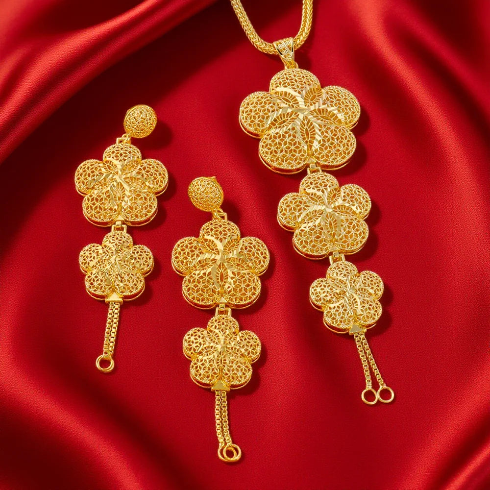 Brazilian 24K Gold Color Jewelry Sets Dubai Luxury Necklace Earrings For Nigerian Indian Bridal Set Party Gifts Accessories