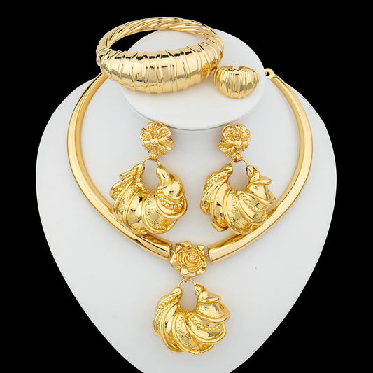 African Gold Plated Jewelry Set Unusual Pendant Necklace and Earrings Bridal Accessories Women Brazilian Party Bracelet Jewelry