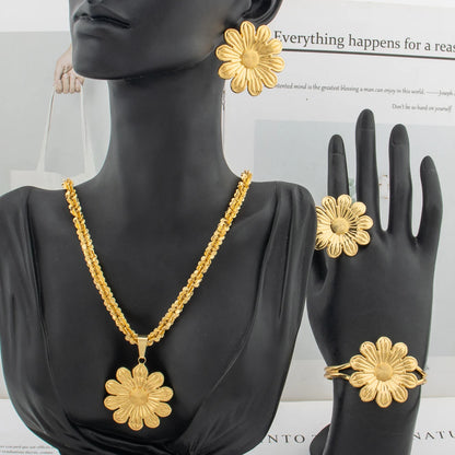 Women's Fashion Earrings Necklace Flower Shape 18K Gold Plated Jewelry Set French Ins Bracelet Ring Romantic Jewelry Party Gifts