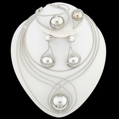 Italian Weddings Party Jewelry Set for Women 18k Gold Color Big Necklace Beads Earrings with Bangle Ring 4Pcs Set for Engagement