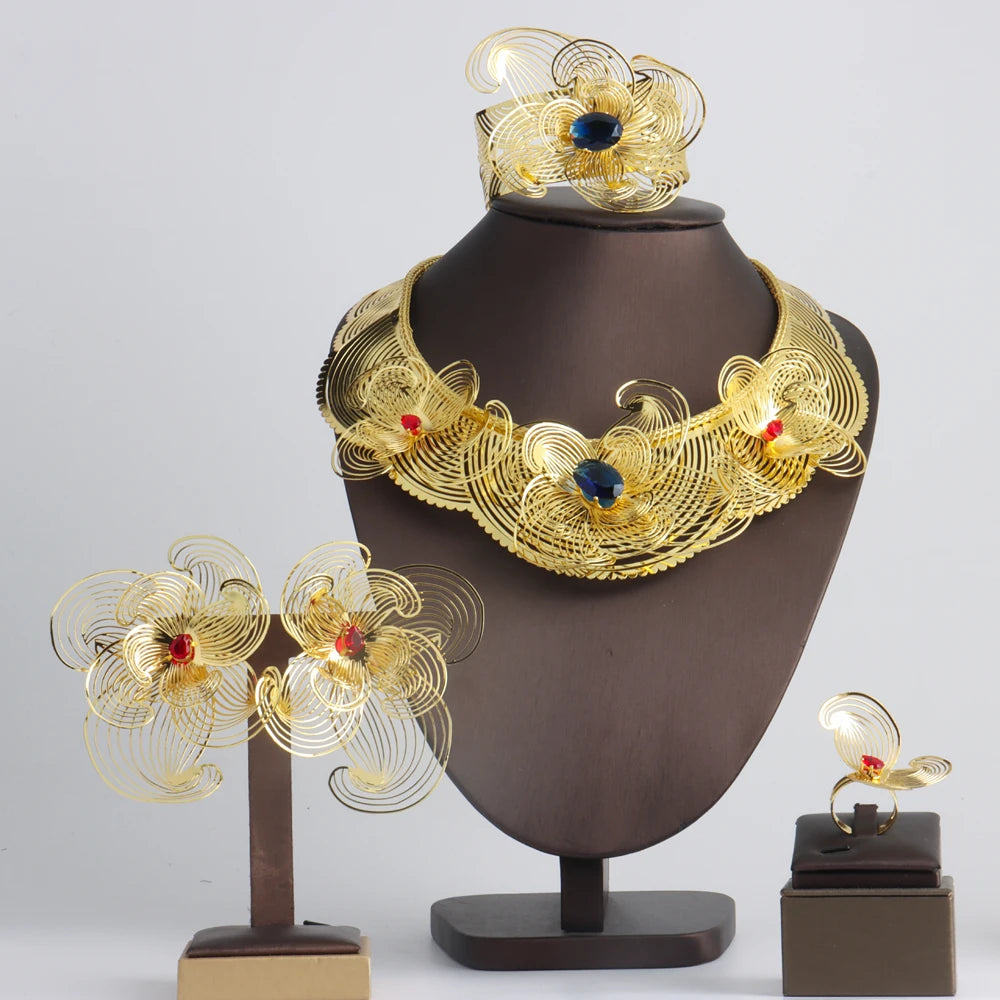 African Luxury Bracelet Ring & Earrings Necklace Set for Women, Exquisite Daily to Banquet Gift, Elegant Jewelry Women