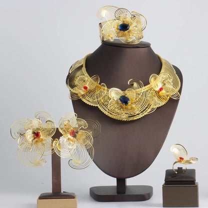 African Luxury Bracelet Ring & Earrings Necklace Set for Women, Exquisite Daily to Banquet Gift, Elegant Jewelry Women