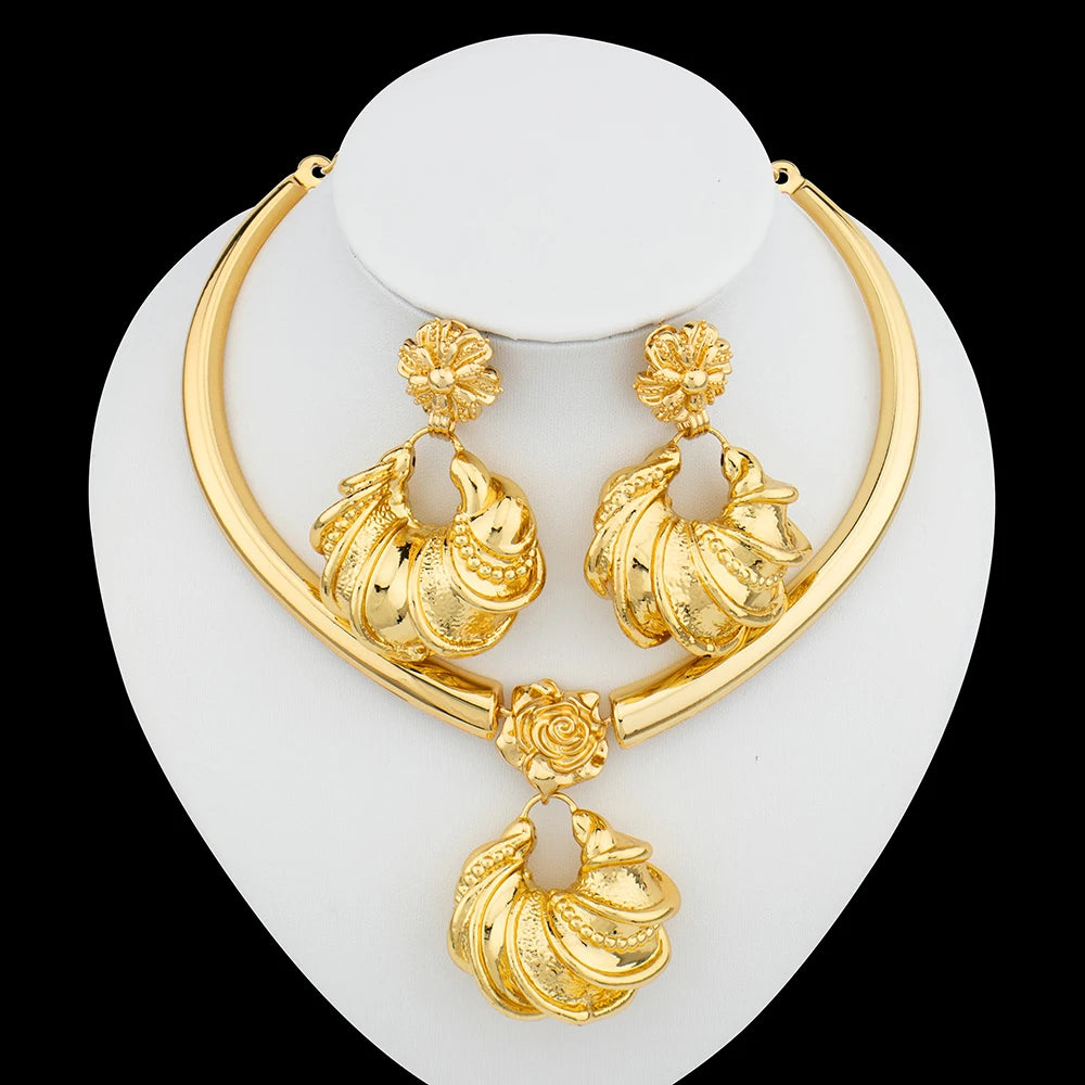 African Gold Plated Jewelry Set Unusual Pendant Necklace and Earrings Bridal Accessories Women Brazilian Party Bracelet Jewelry