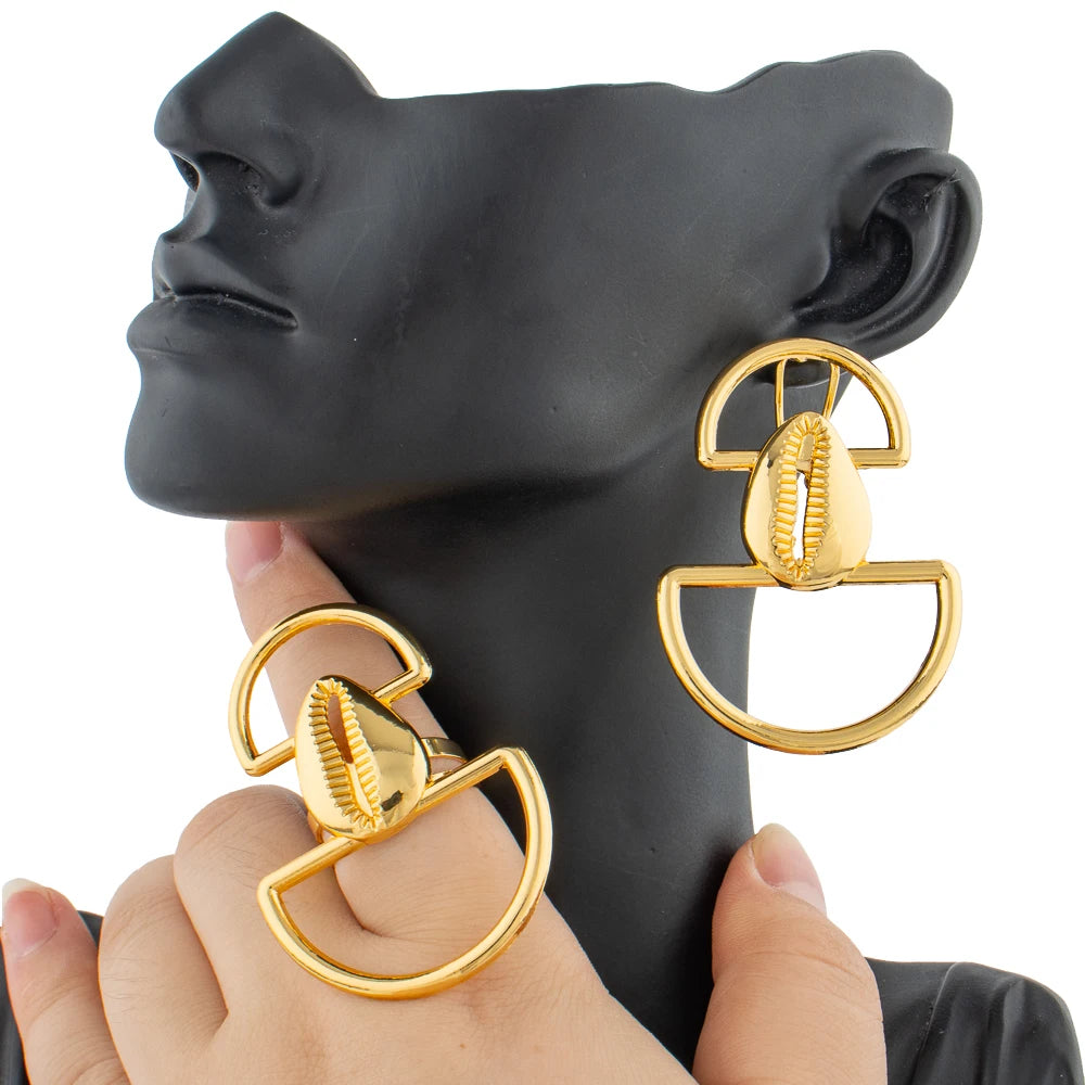 New Design Earrings and Ring Jewelry Set for Ladies African Gold Color Clip Earrings Finger Ring Set for Weddings Bride Jewelry