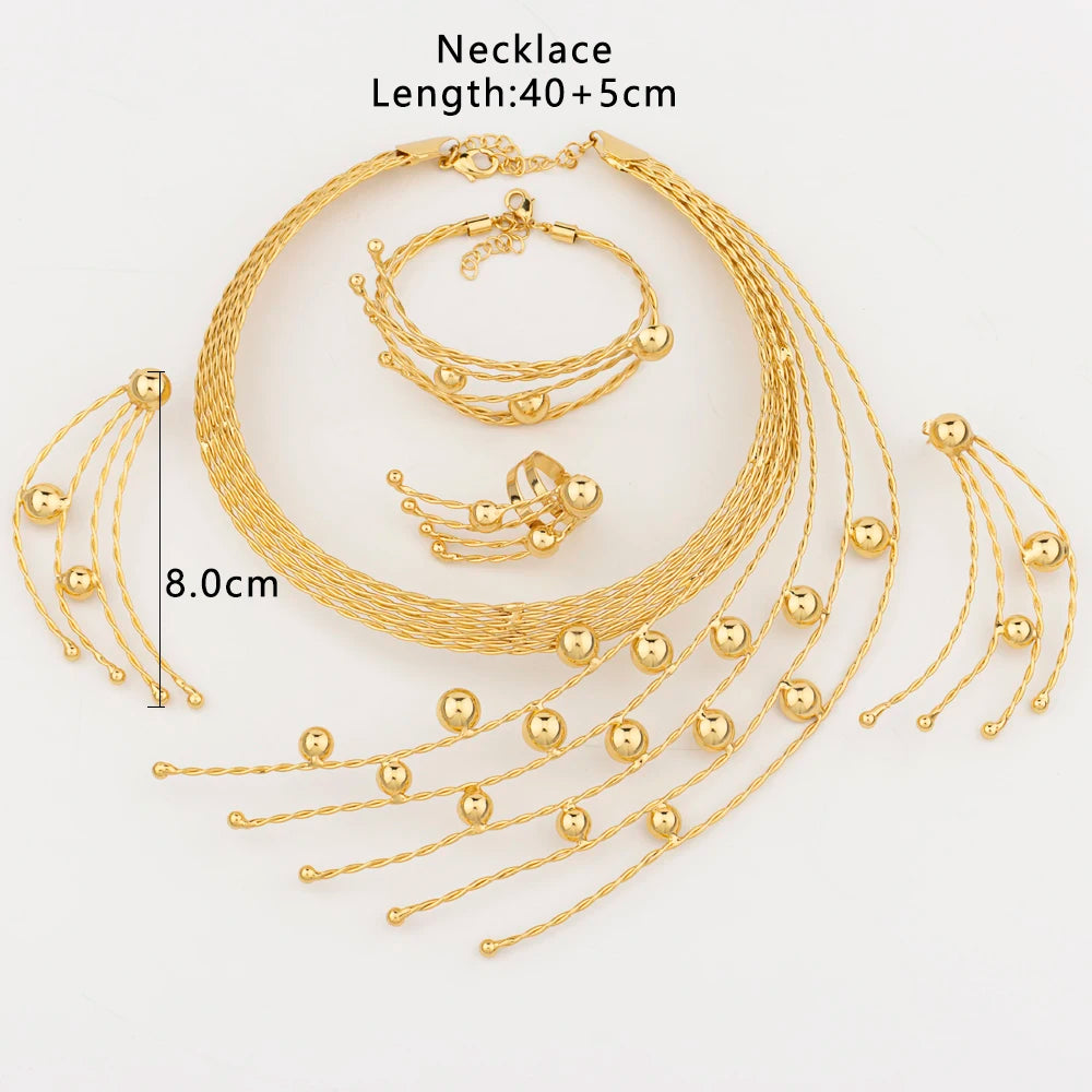 Gold Color Jewelry Set For Women Large Design Earrings Round Collor Necklace Dubai African Bracelet Ring Weddding Bridal Jewelry