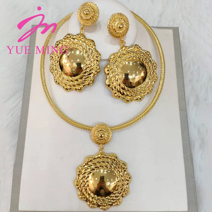 YM Flower Shape Jewelry Set For Women 18k Gold Plated Necklace Ring Bracelet Bridal Earring Luxurious Copper Dubai Party Wedding - YUEMING JEWELRY