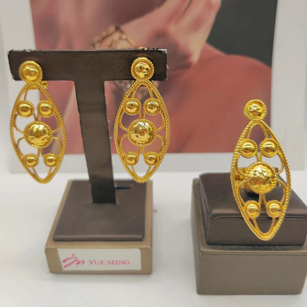 Gold Color Earrings Jewelry Set for Women African Bride 18k Gold Plated Copper Hollow Out Earrings Finger Ring Set for Weddings