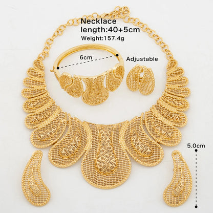 Dubai Italy Gold Color Jewelry Set for Women Flower Design Large Necklace Earrings 4Pcs Set Brazilian Nigerian Accessories Gift