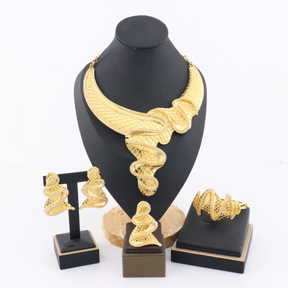 African Fashion Earrings Necklace Ring Bracelet Jewelry Set for Women Luxury Gold Color unique Design Italy Wedding Gift