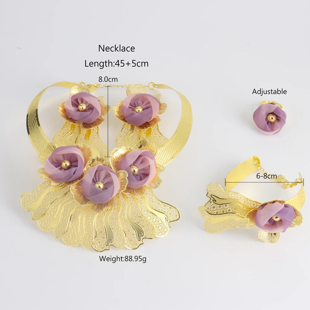 Dubai Gold Plated Women's Jewelry Set Big Flower Necklace Bracelet Ring Set Gold Color Luxury Necklace Earrings Jewelry Party
