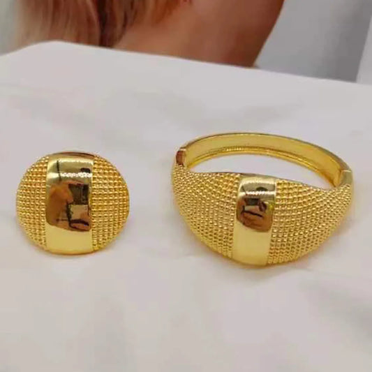 African Gold Color Bangle Ring Jewelry Set for Party Elegant Copper Alloy Hand Bracelet and Cocktail Ring Set for Engageent Gift