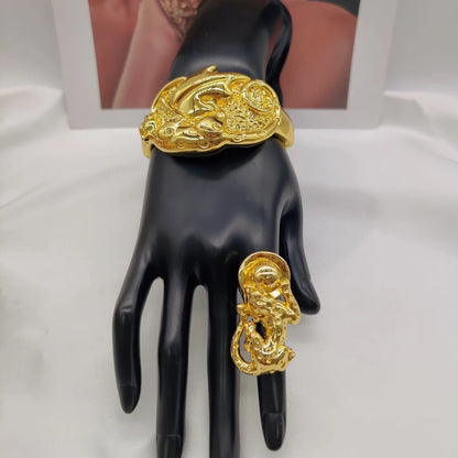 Dubai Bangle and Ring Jewelry Set for Women Weddings Bride Gold Color Hand Bangle Cocktail Ring 2Pcs Set for Party Accessories