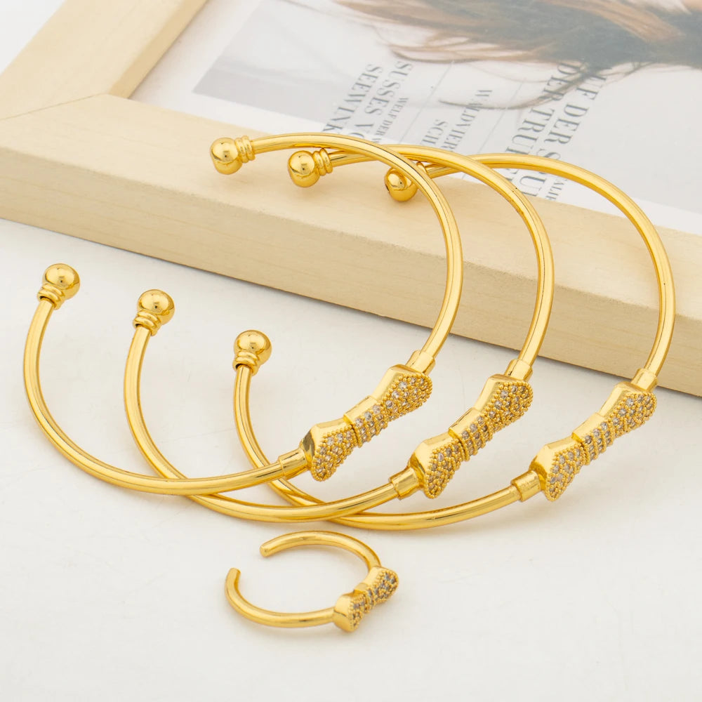 Bangles with Ring Jewelry Set for Party African Women 18k Gold Color Cuff Bangle Ring Beads Design Hand Bracelet Jewelry Set