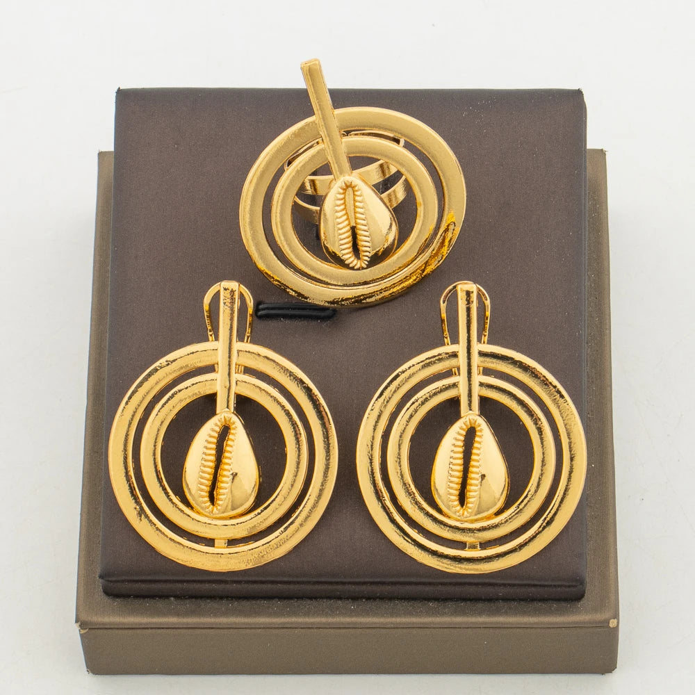 Earrings with Ring Jewelry Set for Nigerian Hollow Out Design Clip Earrings and Cocktail Ring 2Pcs Set for Women Jewelry Gifts