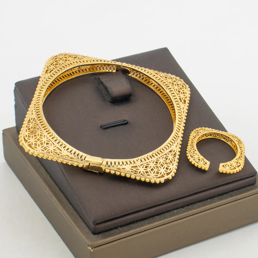 Bangle with Ring Jewelry Set African Gold Color Weddings Cuff Bangle Finger Ring 2Pcs Set for Party Brazilian Daily Wear Gifts
