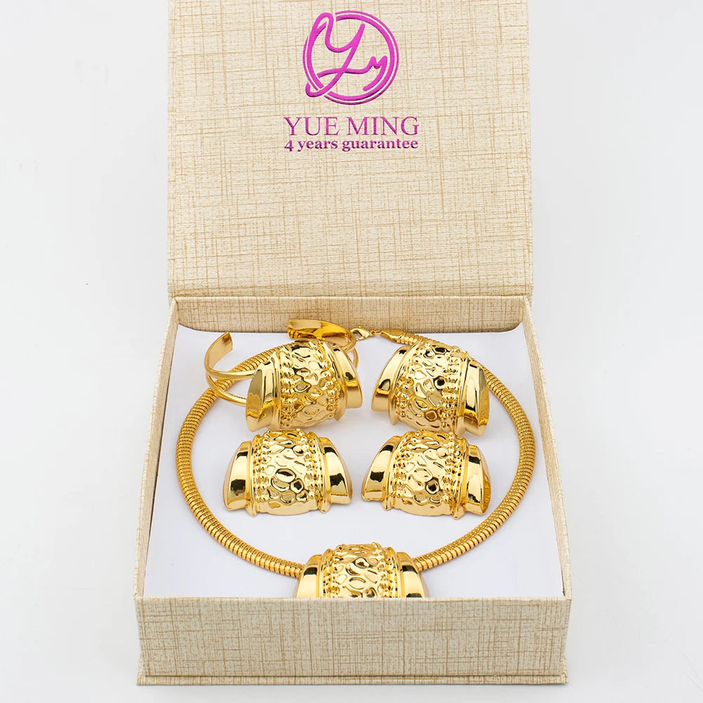 Dubai Gold Plated Jewelry Set with Gift Box Ladies Fashion Copper Necklace Bracelet Earrings Ring Jewelry for Women Holiday Gift - YUEMING JEWELRY