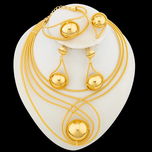 Italian Weddings Party Jewelry Set for Women 18k Gold Color Big Necklace Beads Earrings with Bangle Ring 4Pcs Set for Engagement