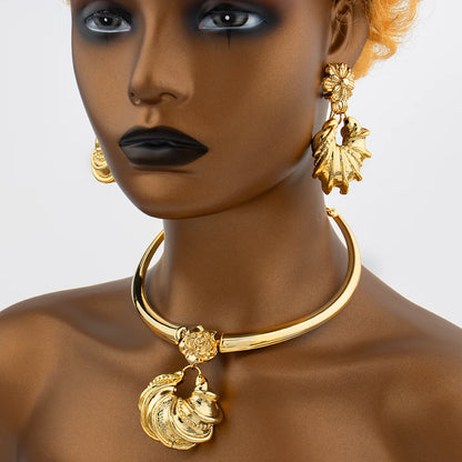 African Gold Plated Jewelry Set Unusual Pendant Necklace and Earrings Bridal Accessories Women Brazilian Party Bracelet Jewelry