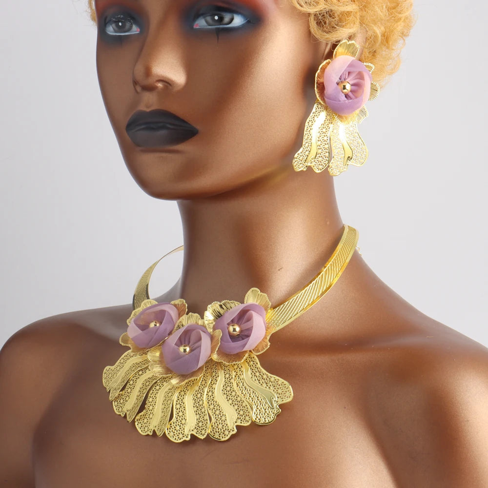 Dubai Gold Plated Women's Jewelry Set Big Flower Necklace Bracelet Ring Set Gold Color Luxury Necklace Earrings Jewelry Party