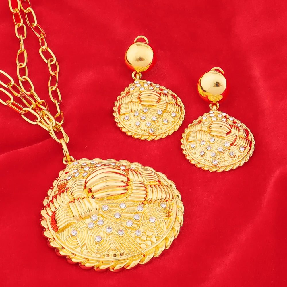 African Gold Plated Inlay Zircon Necklace Earrings Bracelet Ring Jewelry Set for Women Classic Gold Color Party Gift