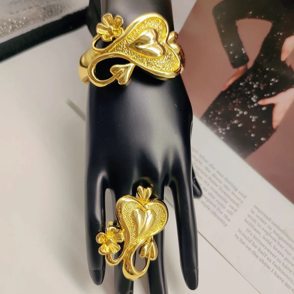 Dubai Bangle and Ring Jewelry Set for Women Weddings Bride Gold Color Hand Bangle Cocktail Ring 2Pcs Set for Party Accessories