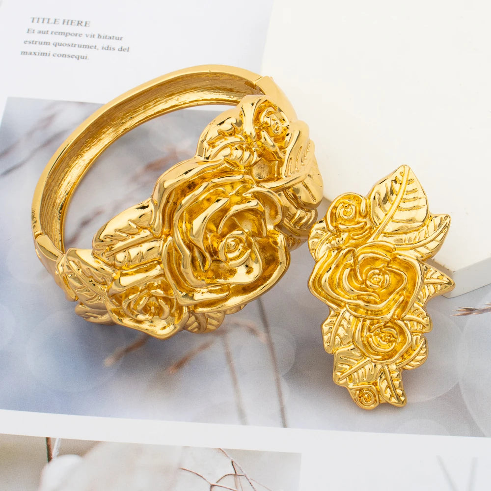Gold Plated Bangle and Ring Set Fashion Romantic Rose Design Hollow Bracelet 18k Gold Color Jewelry Accessorie for Weddings