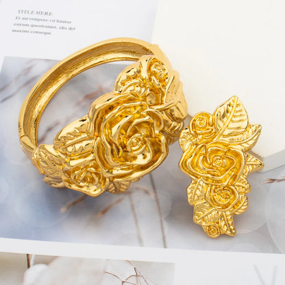 Gold Plated Bangle and Ring Set Fashion Romantic Rose Design Hollow Bracelet 18k Gold Color Jewelry Accessorie for Weddings