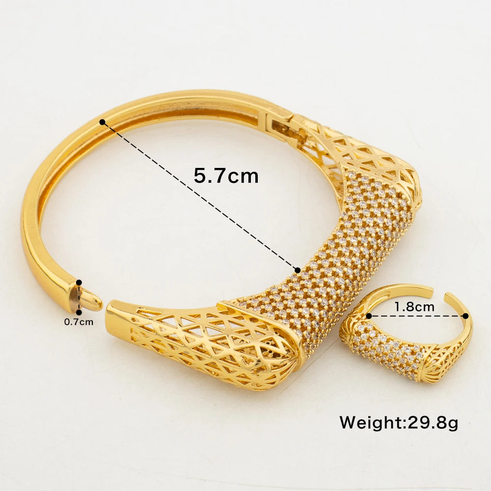 Gold Color Cuff Bangles with Ring For Women Dubai Luxury White Zircon Charm Bracelet Open Ring Party Jewelry Anniversary Gifts