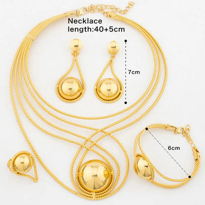 Italian Weddings Party Jewelry Set for Women 18k Gold Color Big Necklace Beads Earrings with Bangle Ring 4Pcs Set for Engagement