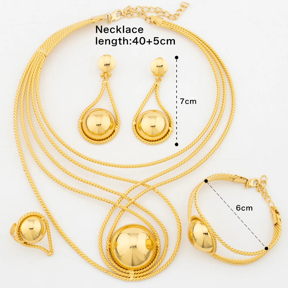 Italian Weddings Party Jewelry Set for Women 18k Gold Color Big Necklace Beads Earrings with Bangle Ring 4Pcs Set for Engagement