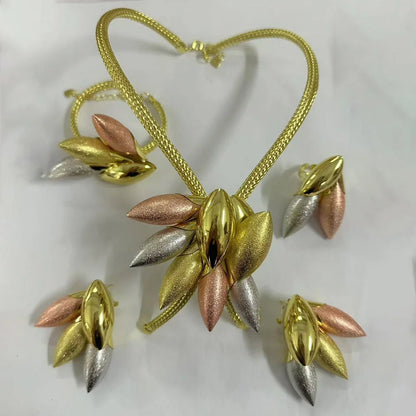 Exaggerate Women Jewelry Set for Party African Copper Gold Color Pendant Necklace and Dangle Earrings Weddings Bangle Ring Set