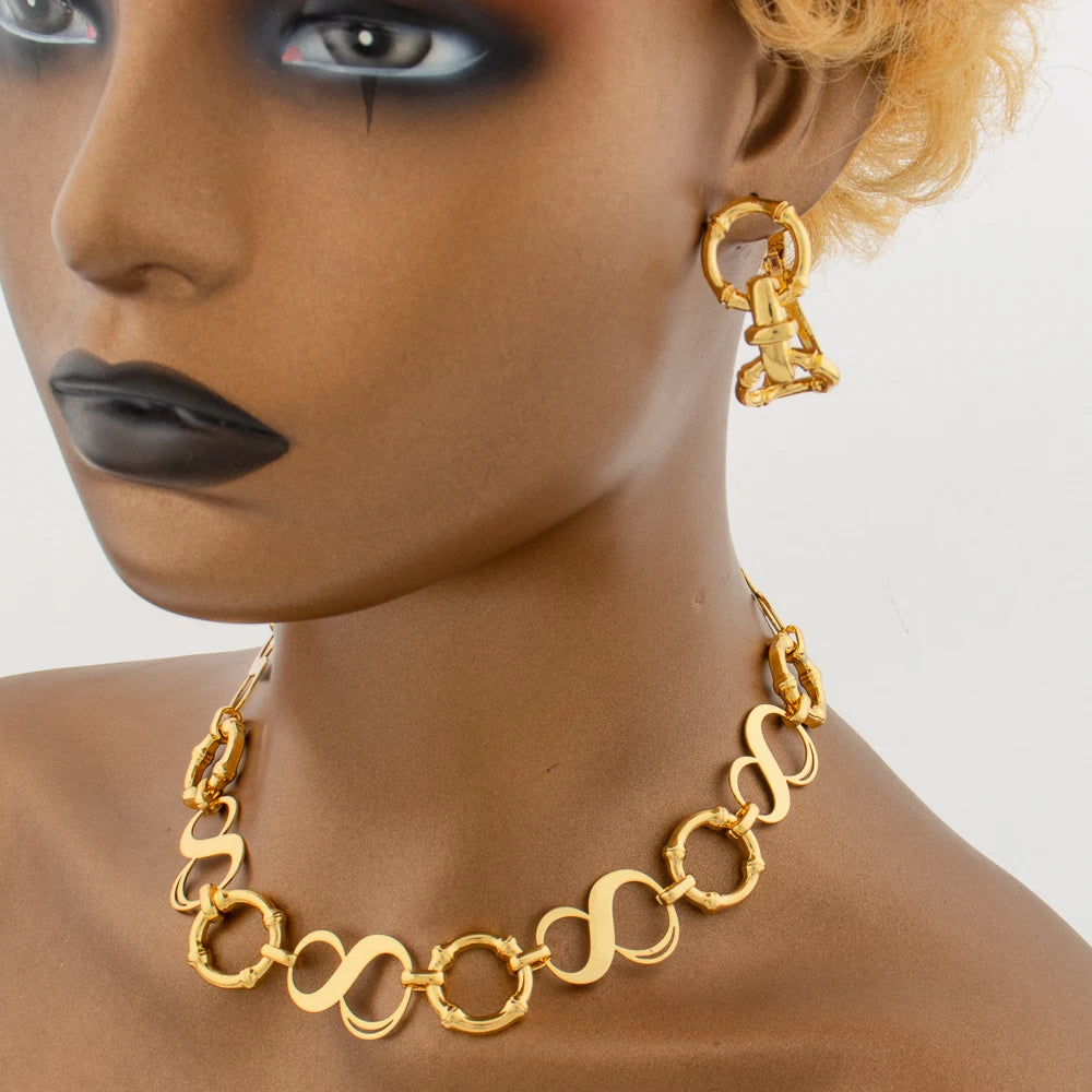 Trend Gold Color Jewelry Set for Women African Circle Design Choker Necklace and Hoop Earrings Bracelet Ring Set for Engagement