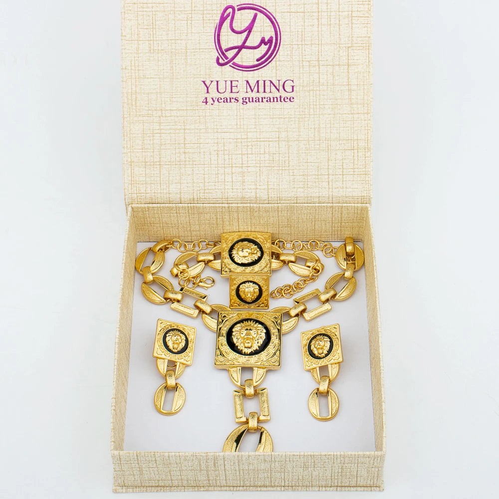 YM Jewelry Set Fashion Woman 18k Gold Plated Necklace Bangle Jewelry Face Shape Chain Pendant Copper Earring Square Ring Gift - YUEMING JEWELRY