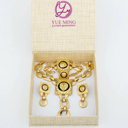 YM Jewelry Set Fashion Woman 18k Gold Plated Necklace Bangle Jewelry Face Shape Chain Pendant Copper Earring Square Ring Gift - YUEMING JEWELRY