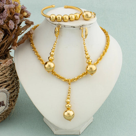 African Gold Color Jewelry Set for Women Glossy Multiple Small Bead Dubai Bridal Wedding Luxury Necklace Bracelet Earrings Ring