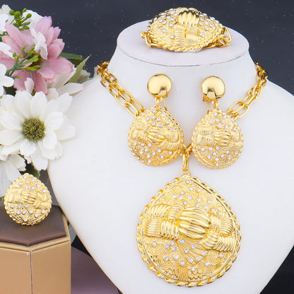 African Gold Plated Inlay Zircon Necklace Earrings Bracelet Ring Jewelry Set for Women Classic Gold Color Party Gift