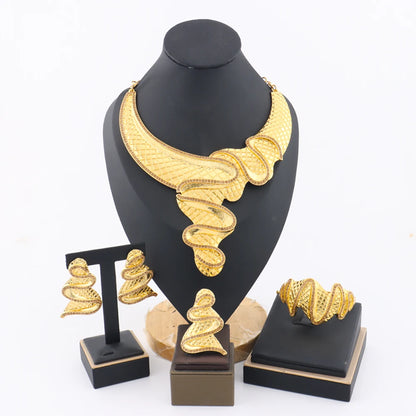 African Fashion Earrings Necklace Ring Bracelet Jewelry Set for Women Luxury Gold Color unique Design Italy Wedding Gift