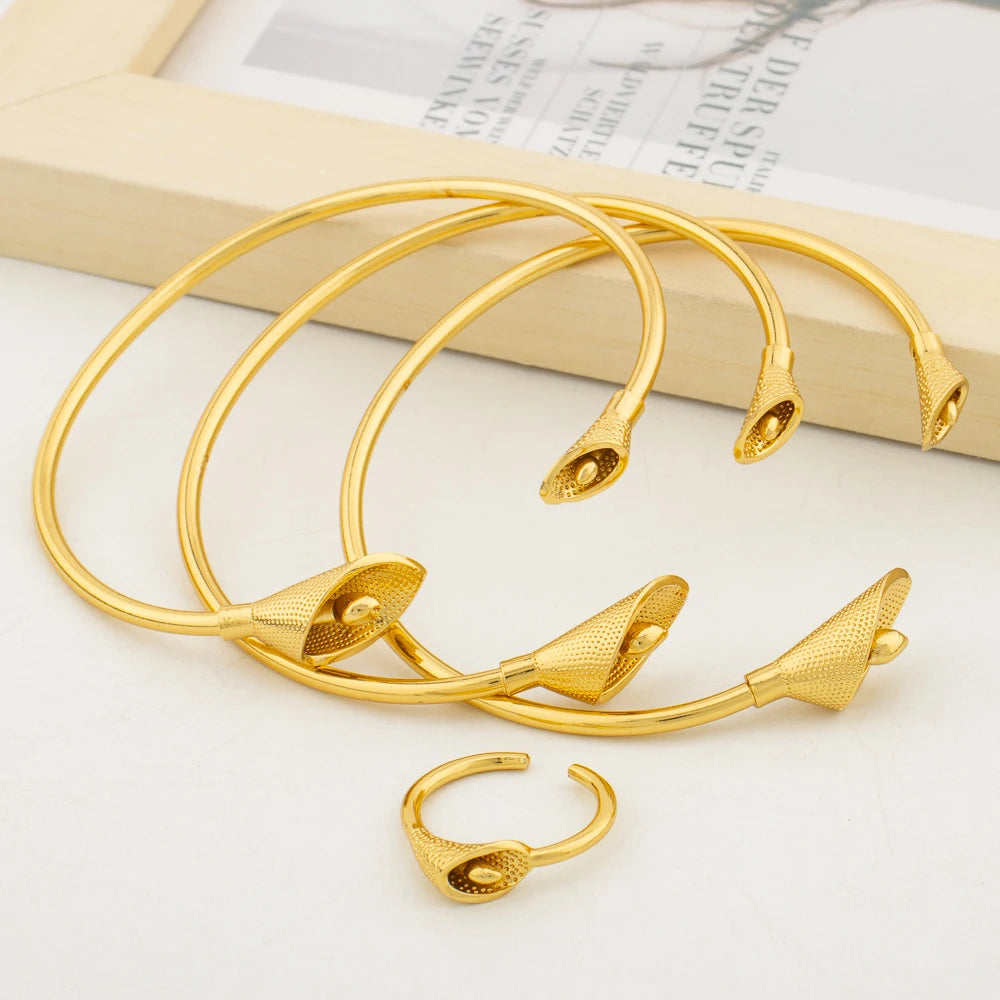 Bangles with Ring Jewelry Set for Party African Women 18k Gold Color Cuff Bangle Ring Beads Design Hand Bracelet Jewelry Set