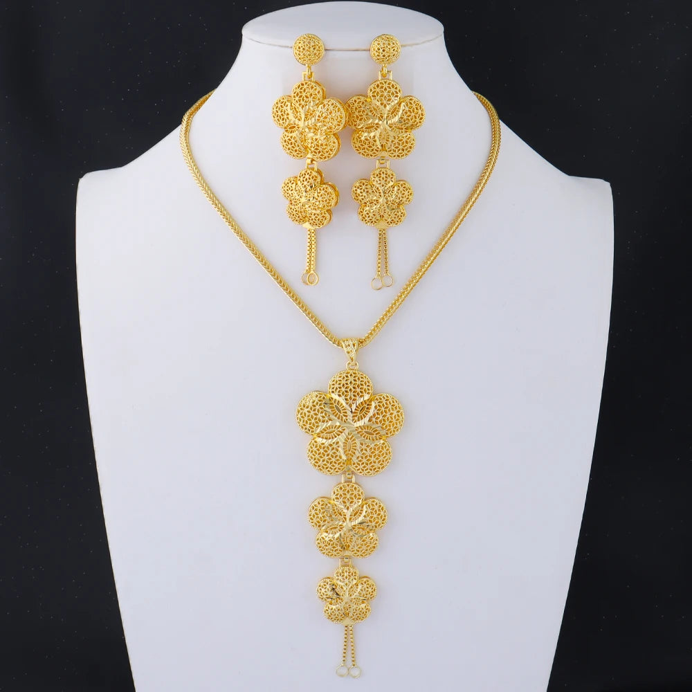 Brazilian 24K Gold Color Jewelry Sets Dubai Luxury Necklace Earrings For Nigerian Indian Bridal Set Party Gifts Accessories