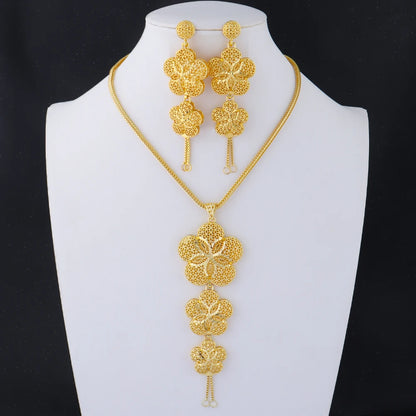 Brazilian 24K Gold Color Jewelry Sets Dubai Luxury Necklace Earrings For Nigerian Indian Bridal Set Party Gifts Accessories