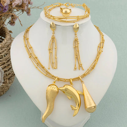 New Design Dubai Gold Color Jewelry Set for Women Fashion Multi-Layer Necklace Earrings Jewelry Luxury Copper 3 Pendant Gift