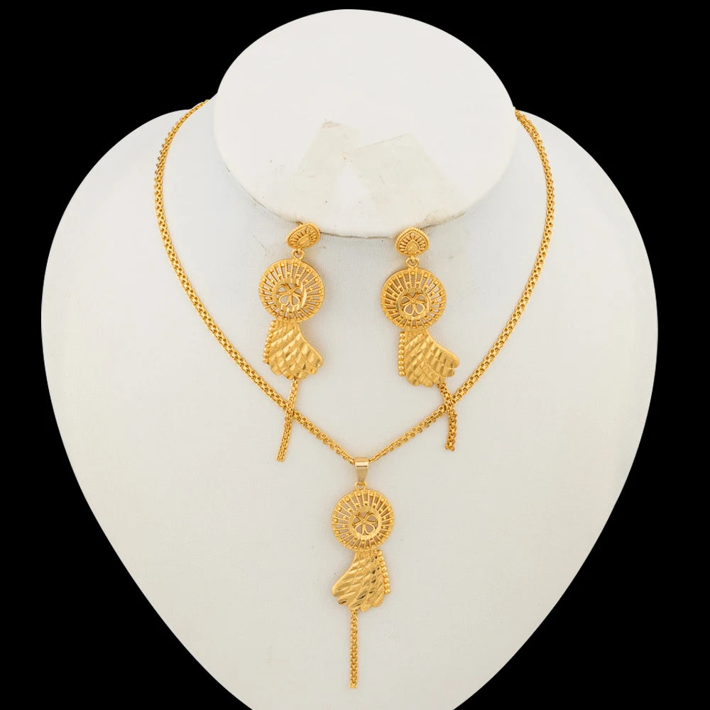 Italian Earrings and Necklace Jewelry Set for Women Gold Color Drop Earrings and Pendant African Chain Necklace Jewelry Set Gift