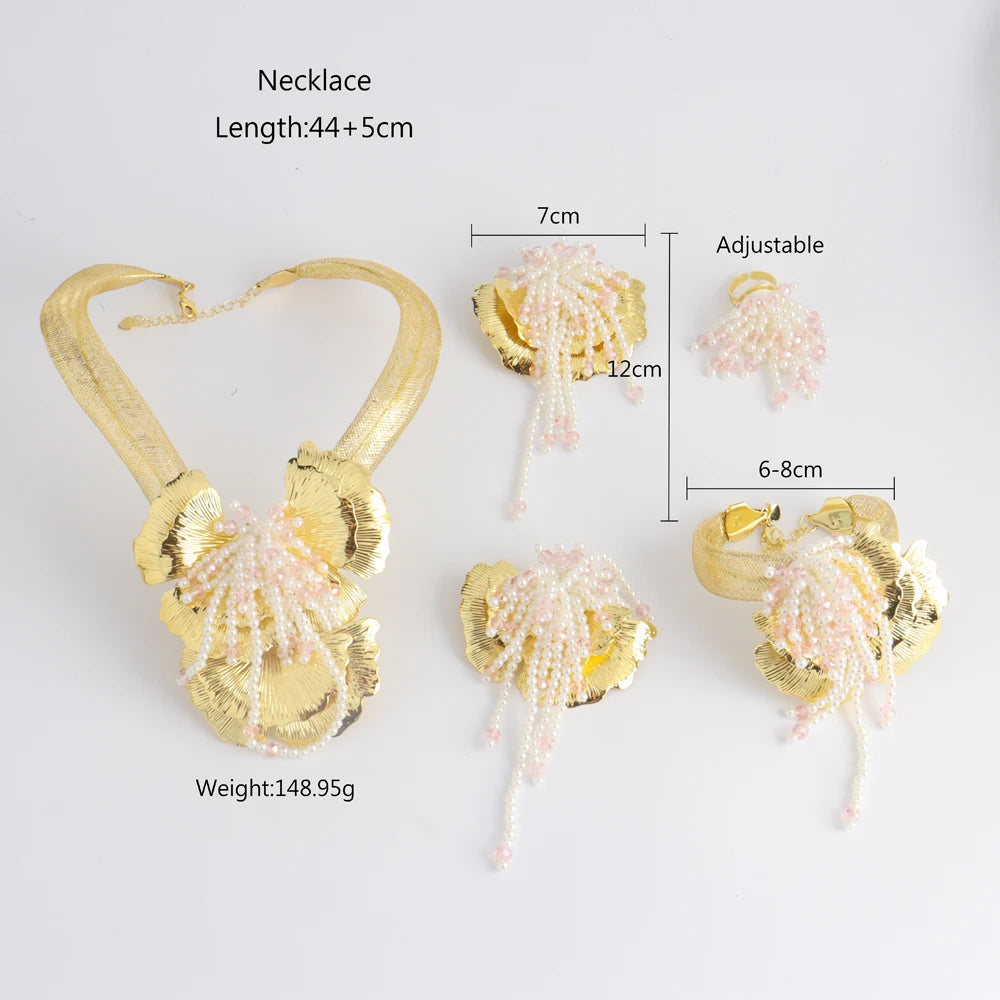 Pearl Pendant & Big Earrings Jewelry Set for Women, Nigeria Wedding Party Gift, Fashion Bangle Ring Earring Set Jewelle