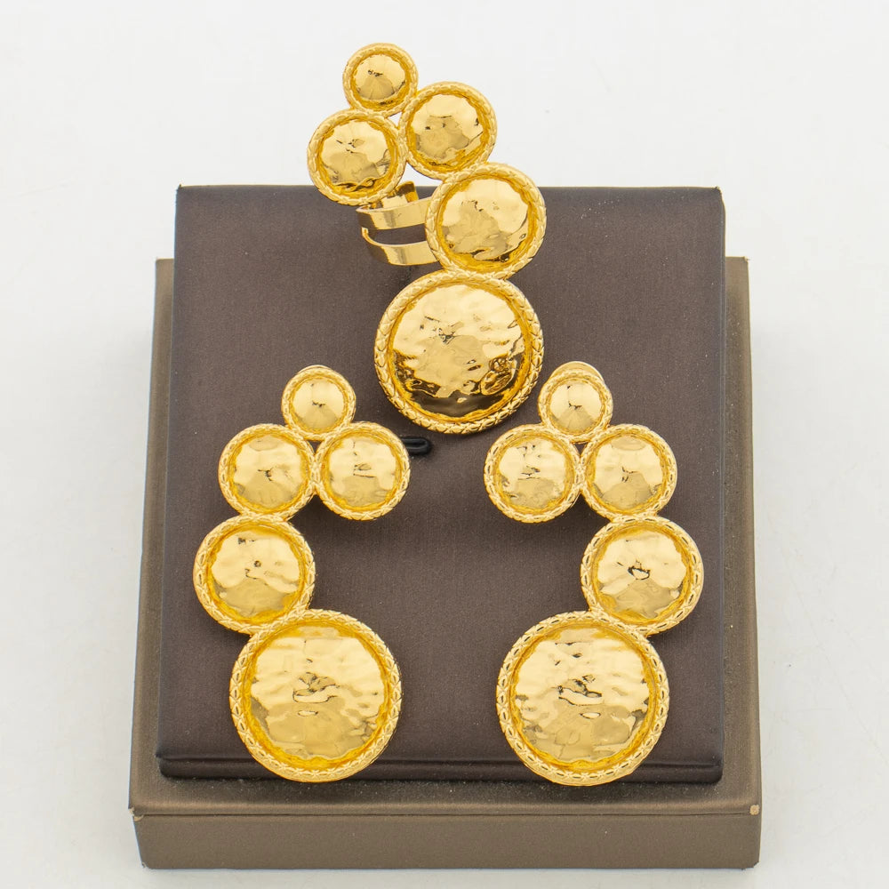 Luxury 2pcs jewelry set Women African 18k Gold Color earrings ring Set Dubai engagement jewelry set Wedding Gift Accessories