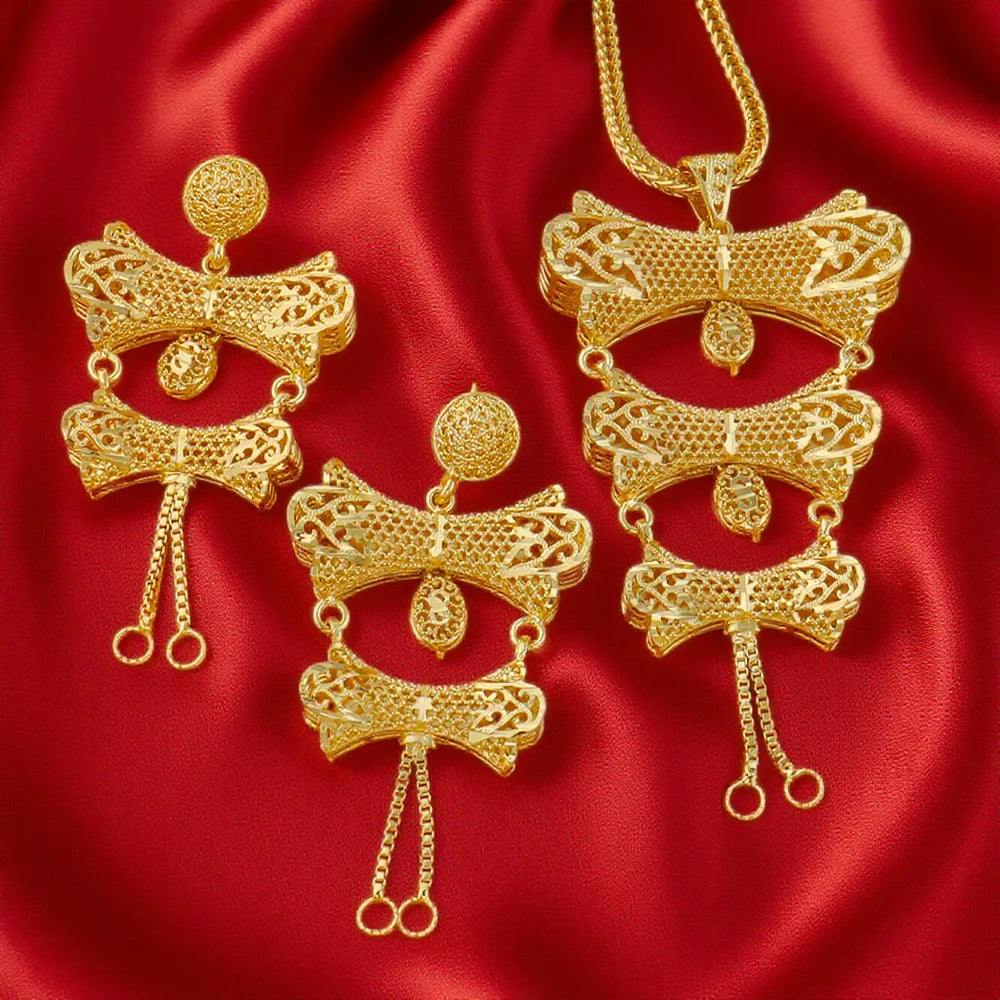 Dubai Gold Color Jewelry Set For Woman Bridal Nigerian African 24K Gold Color Necklace Earrings Jewellery Set Party Gift